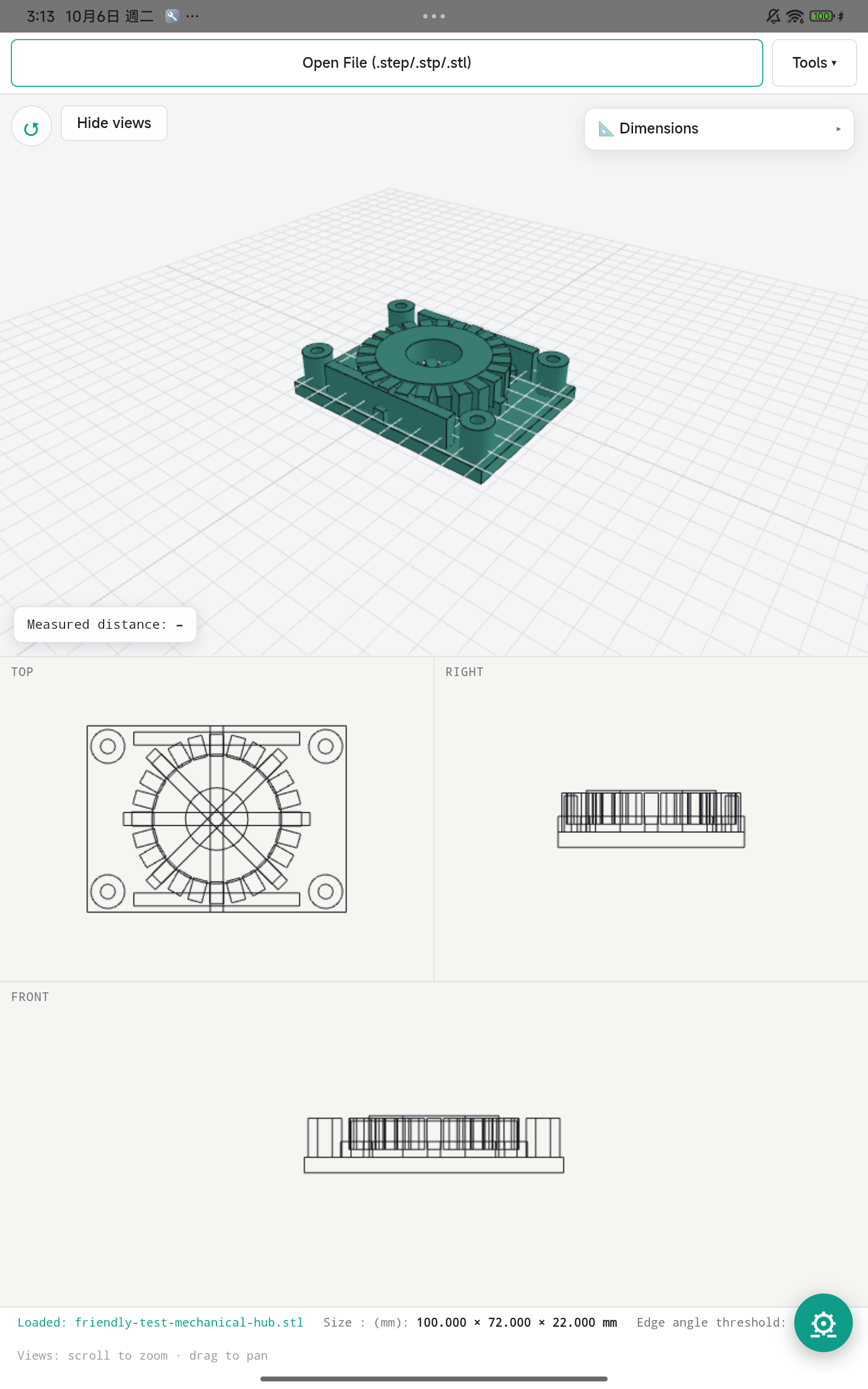 Cad-viewer Friendly mechanical gear model with TOP, RIGHT and FRONT views